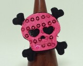 Hot Pink Skull and Cross Bones Ring Set on a Silver Filigree Base With an Adjustable Band