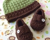 Baby Boy Shower Set - Loafer Booties - Beanie Hat - Modern Crochet Cap - Green Brown - Infant 3 to 6 Months - Size s Shoes - Gift Boxed
