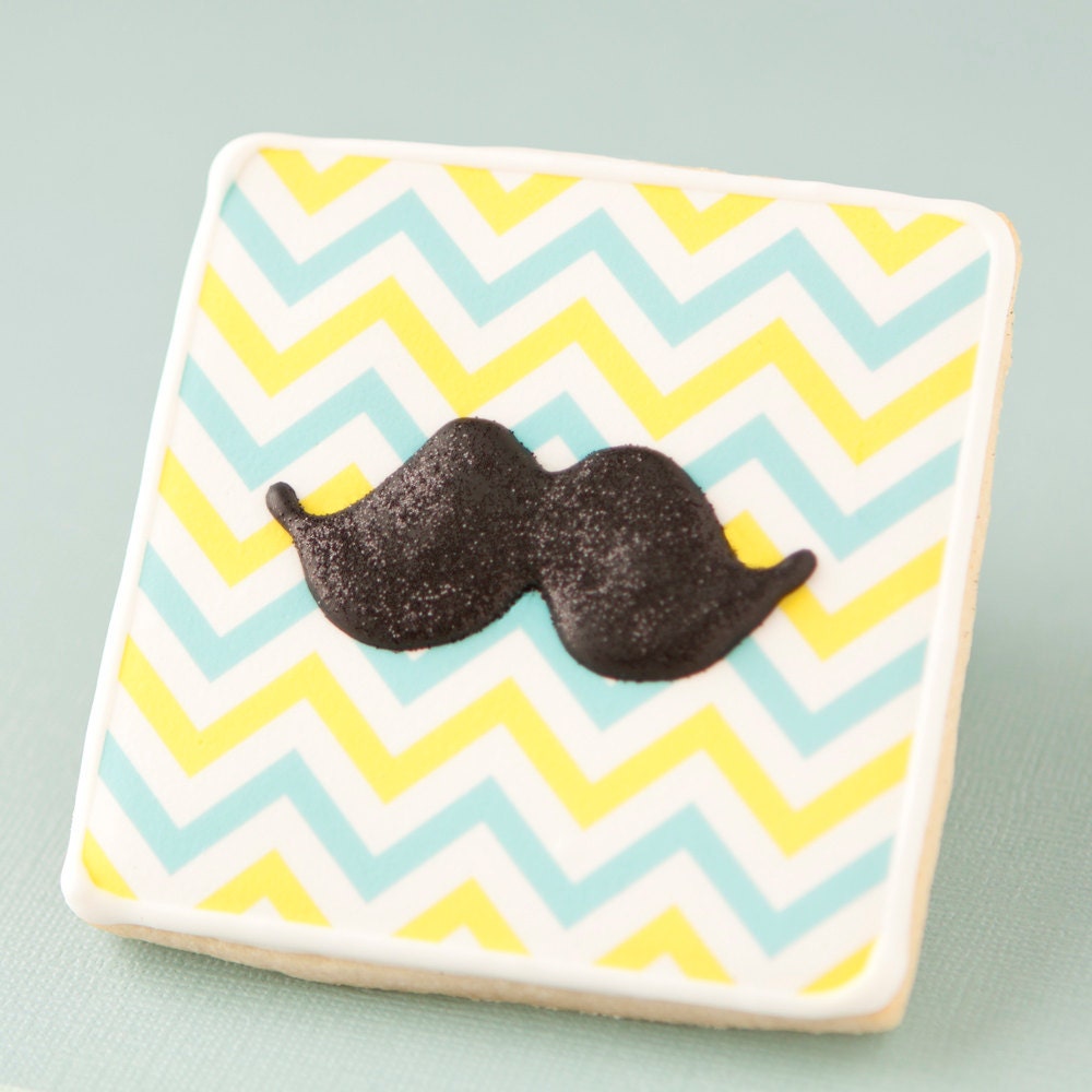 Blue & Yellow Chevron Glitter Mustache Cookie Favors // 1 doz. // Boy Birthday Baby Shower Moustache Chevron Stripe Retro Mod