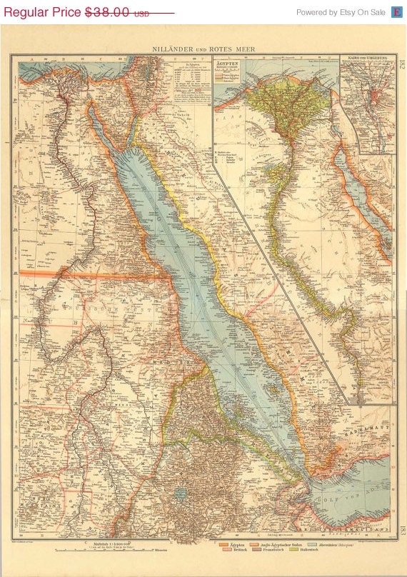 Red Sea and Nile River  Map 1922 Antique Lithograph