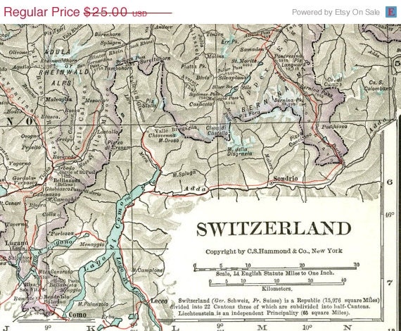 Switzerland Vintage Map Large to Frame 1930s