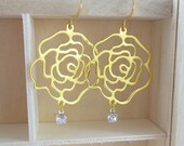 Large Gold earrings - Gold Dangle Earrings - Flower Earrings - Gold and rhinestone