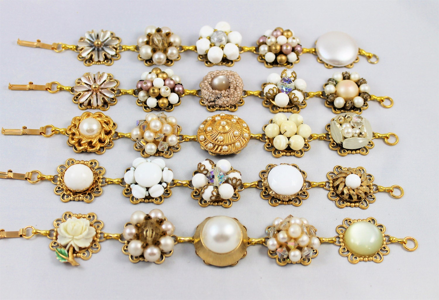 Upcycled earring bracelet chunky vintage cream pale yellow tan gold in gold settings pearls glass wedding bridesmaid retro repurposed