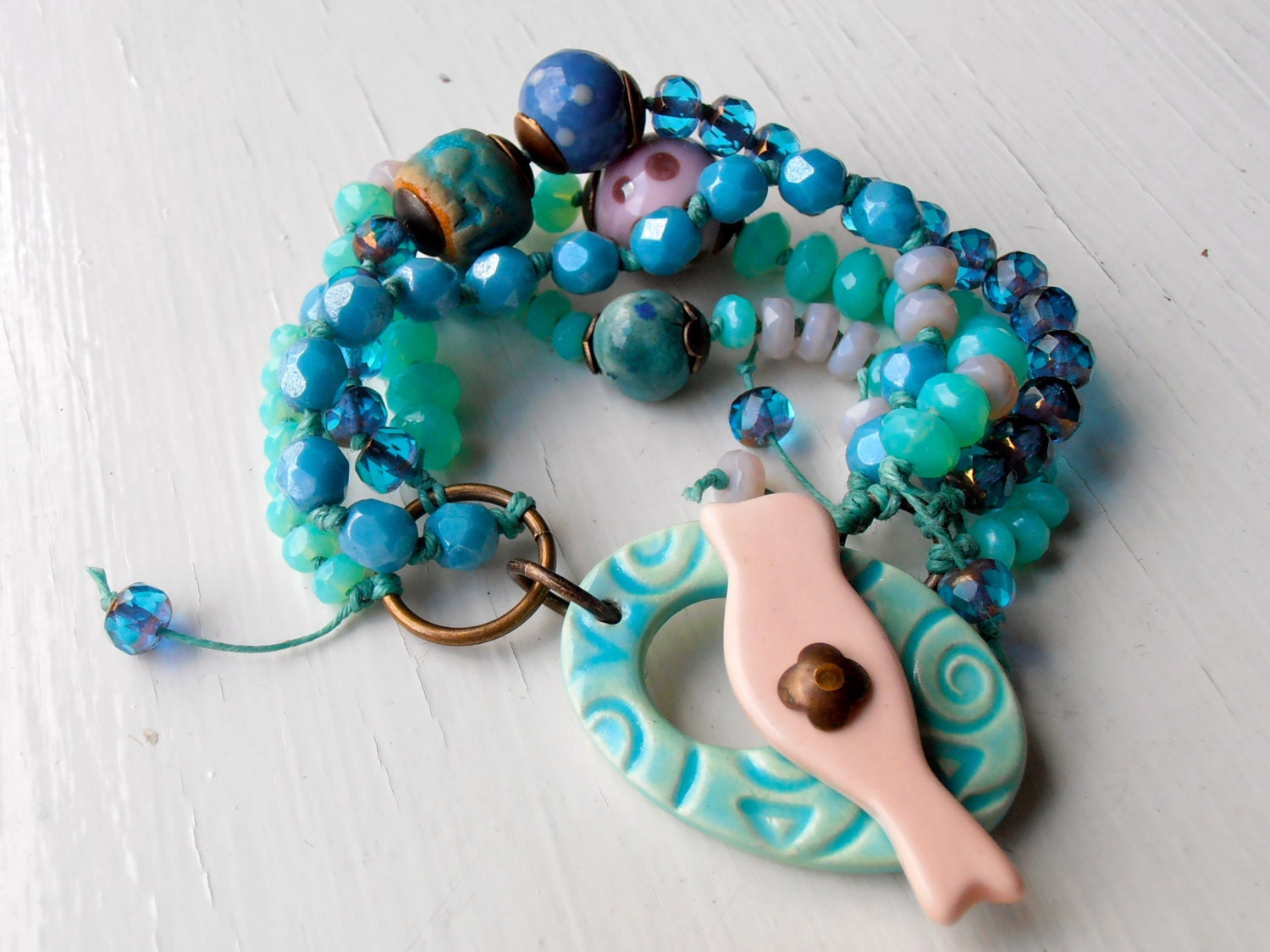 bird bracelet, unique bracelet, bird jewelry, colorful jewelry, colourful jewellery, aqua bracelet, turquoise bracelet, blue green bracelet