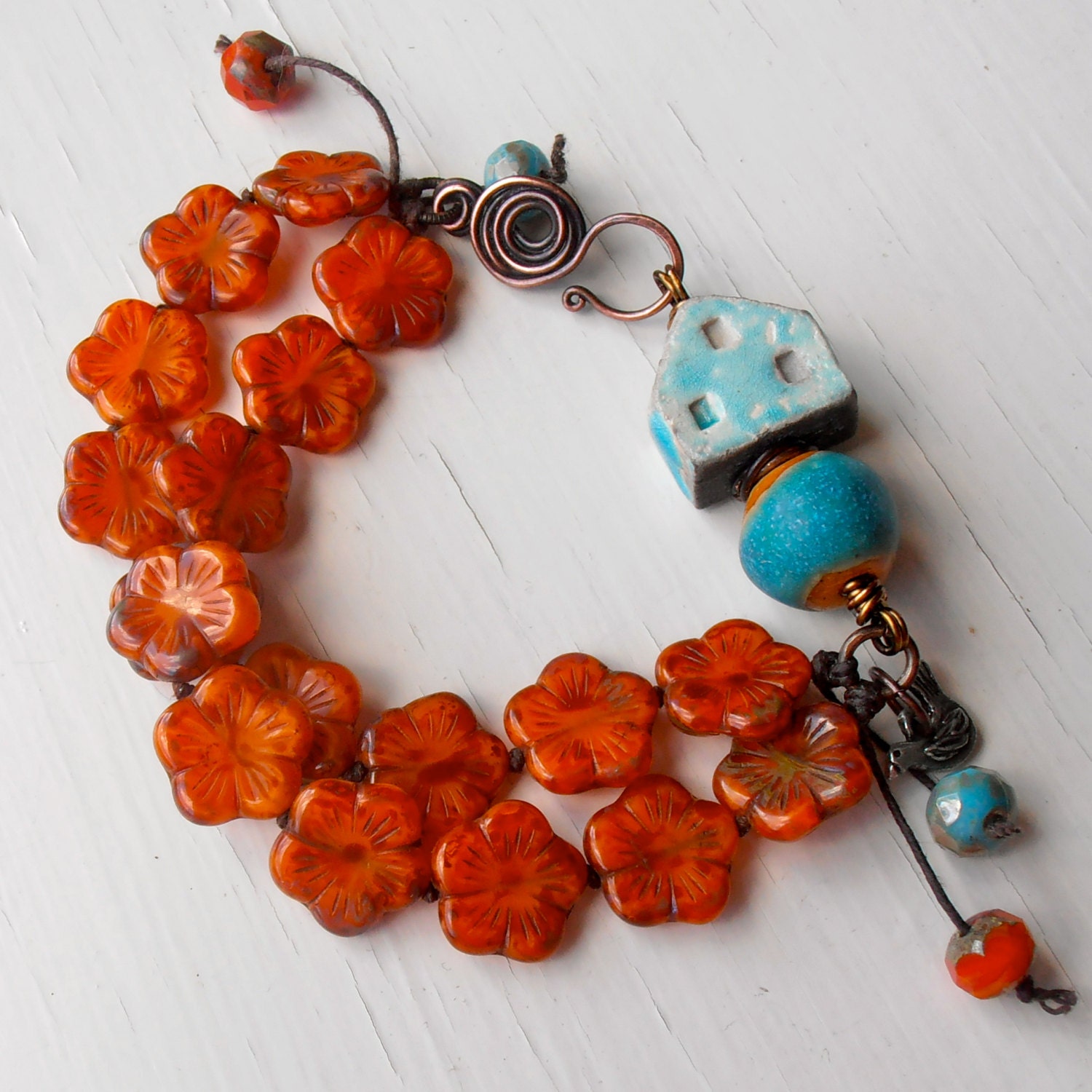 Peeping Through - rustic bracelet, chunky bracelet, house bracelet, flower bracelet, wooden bracelet, orange bracelet, turquoise bracelet