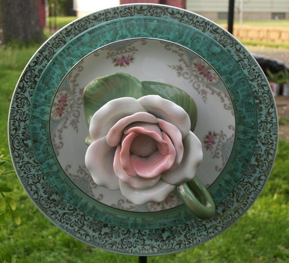 Aqua & Pink Ceramic Garden Flower - Shabby Chic Pink Rose