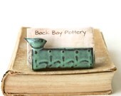 Little Bird Ceramic Business Card Holder - Aqua Mist with Henna Design