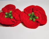 Crochet Poppies Flower Applique set of 2. Flowers for Craft and Art.Crochet Decoration. Set of 2 flowers. green. red. cotton