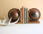 Vintage World Globe Wood Base Book End Set , Made In Italy / 42313