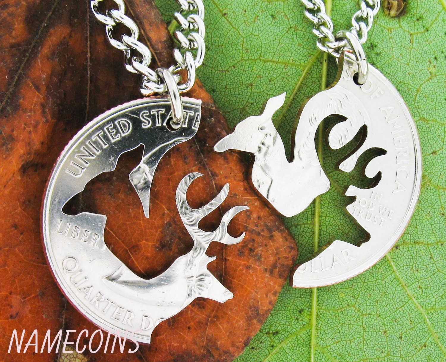 Buck and Doe Necklace Relationship Interlocking Love Quarter, Engaged Couples, Puzzle hand cut coin