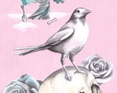 SALE The Juniper Tree painting Brothers Grimm fairy tale albino crow skull roses pink pastel
