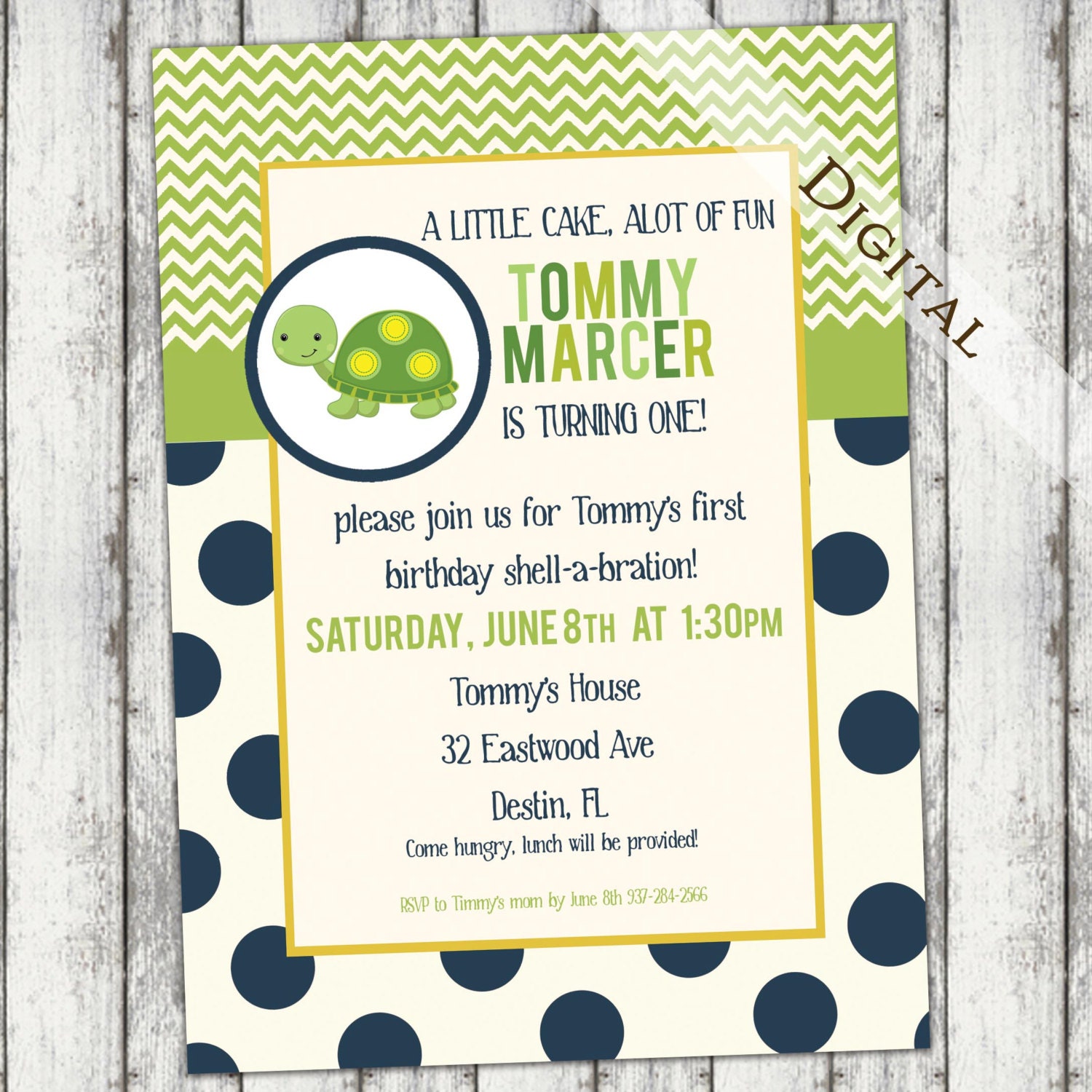 First boy Birthday Invitation with turtle digital, green and blue printable invitation, birthday party invites printable (item95a)