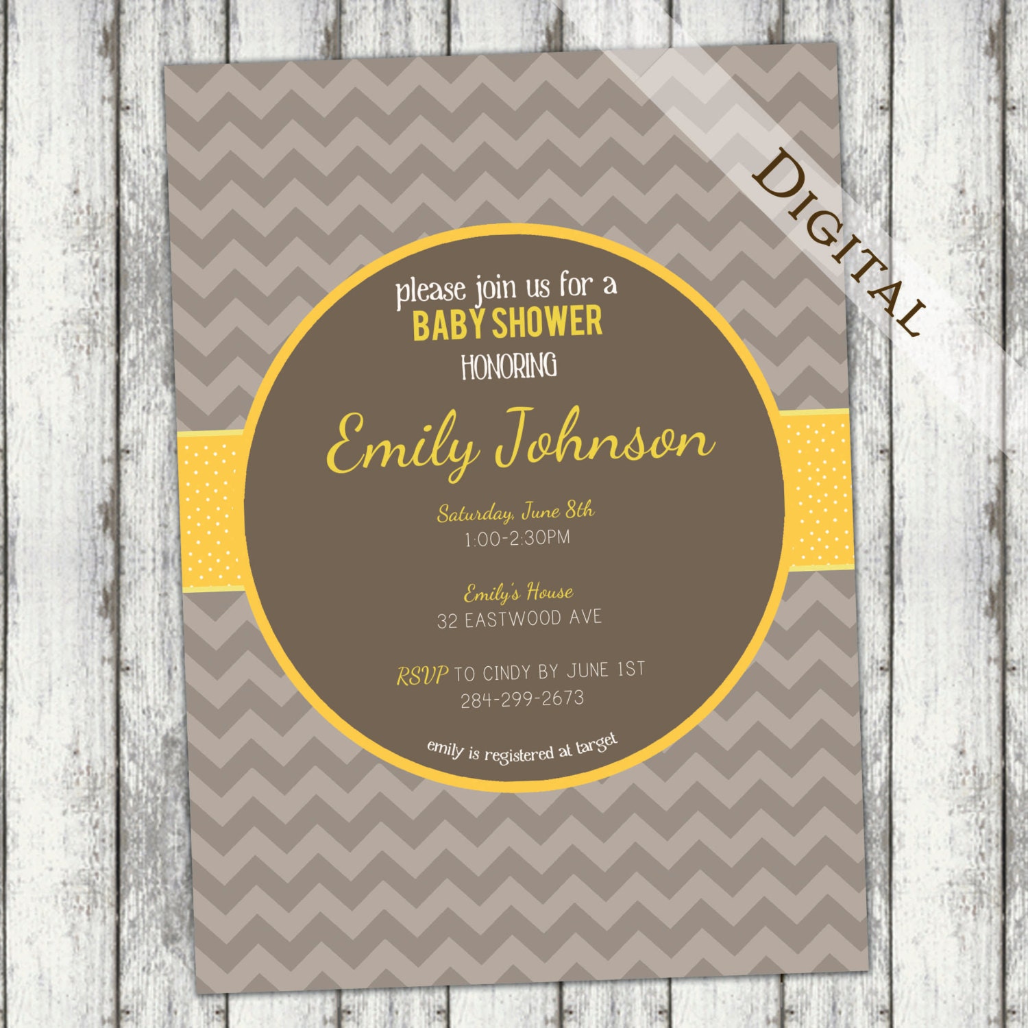 Chevron Baby Shower Invitation Boy Baby Shower Invitation, gender neutral, brown and yellow, digital, printable file (item109a)