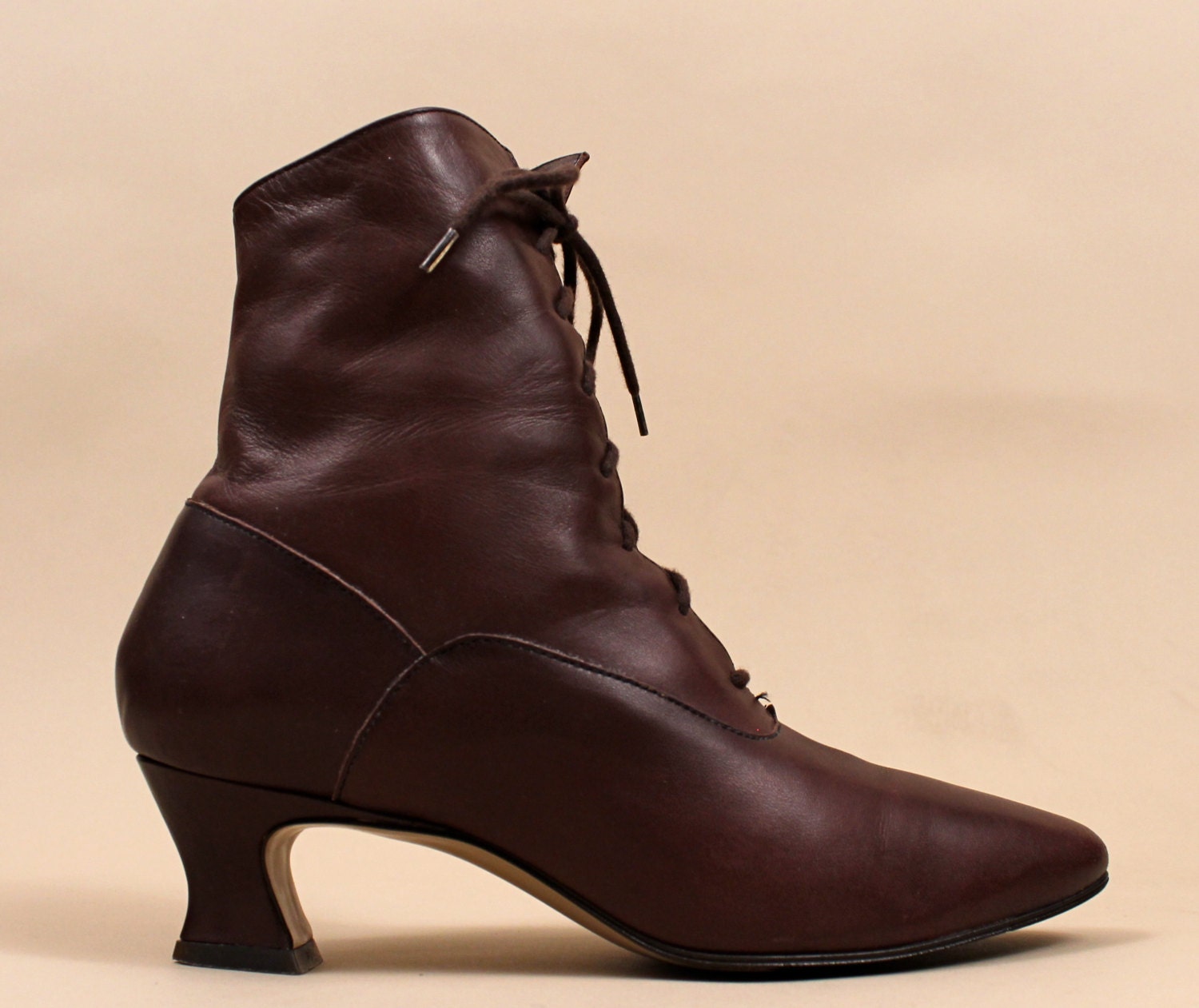 80s Vtg Brown LEATHER Ankle Granny Boots / Sculptural Coffin Heel / Neo Victorian Boho Western Roper/ Sz 6.5 / Euro 36.5 - 37 - nanometer