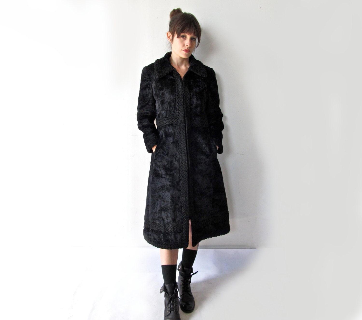 Vintage 1960s Black Faux Persian Lamb Long Jacket. Warm and Stylish. Size Medium