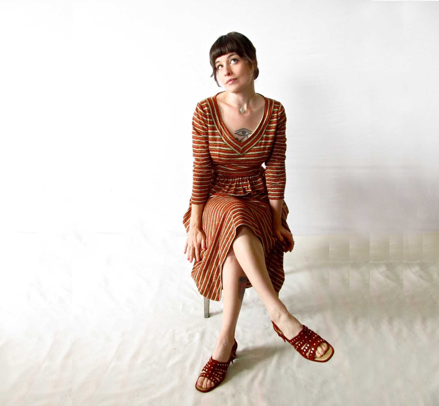 Vintage 1970s Striped Maxi Dress. Metallic Red, Gold, and Green Horizontal Striped Long Sleeve Dress. Size Medium