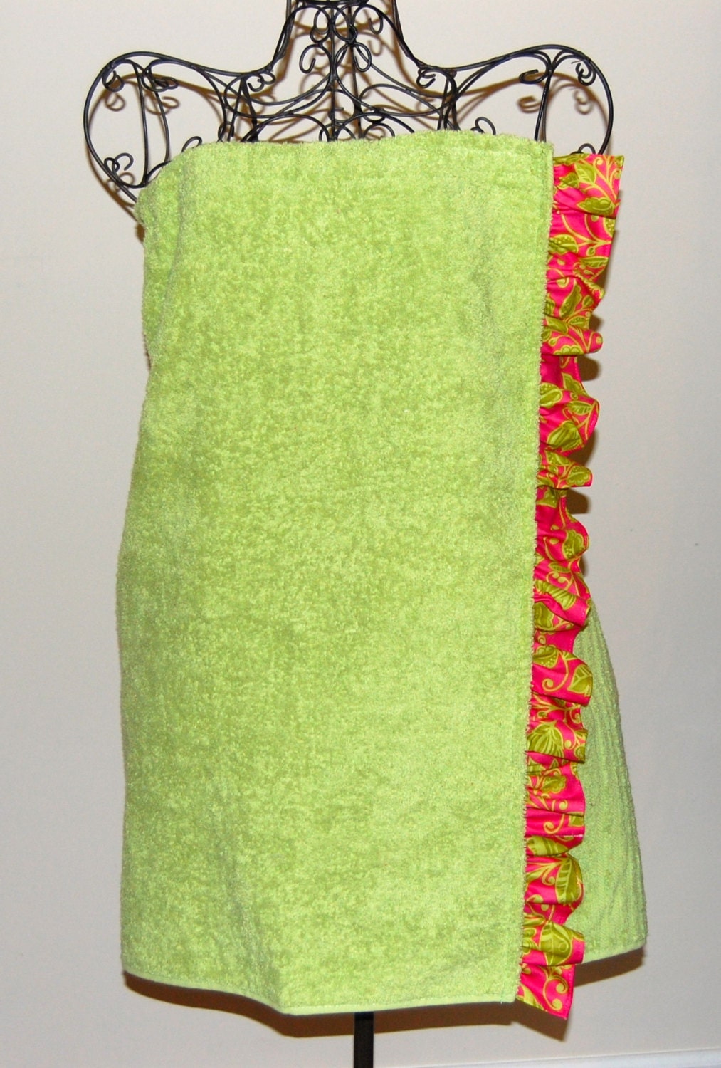 Monogrammed Green Terry Cloth Bath Wrap with Pink and Green  Floral Ruffle