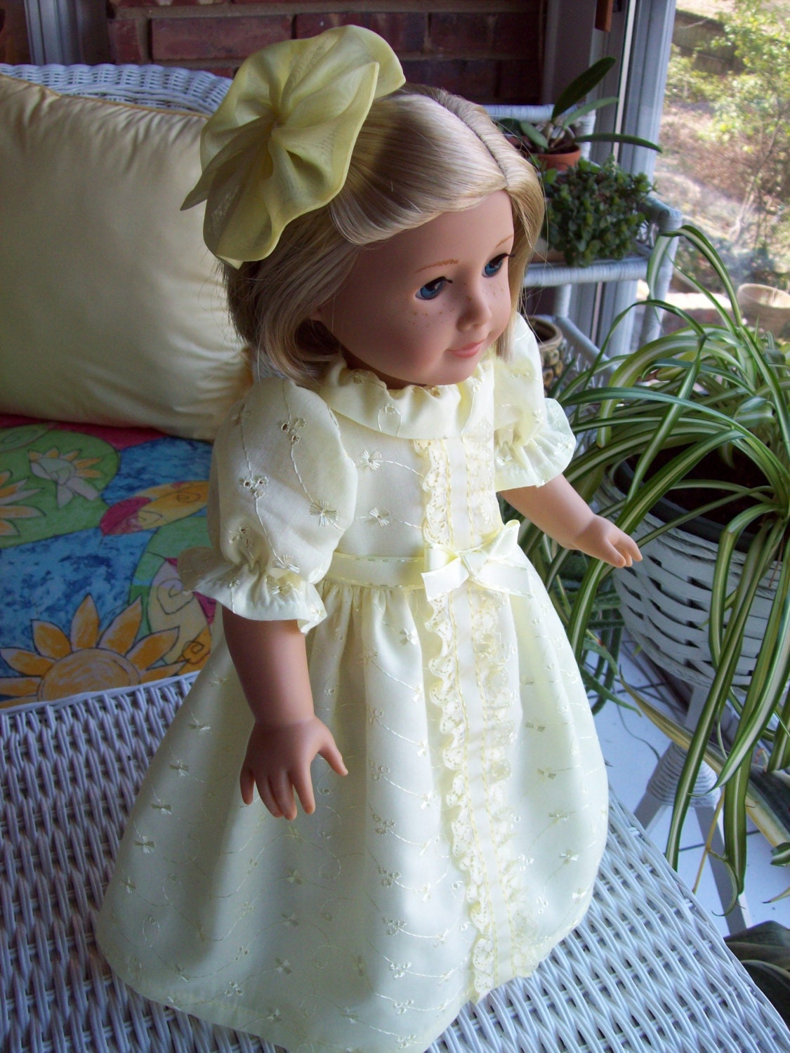 American Girl doll or 18 inch doll dress and hair clip. Yellow eyelet embroidery with lace trim