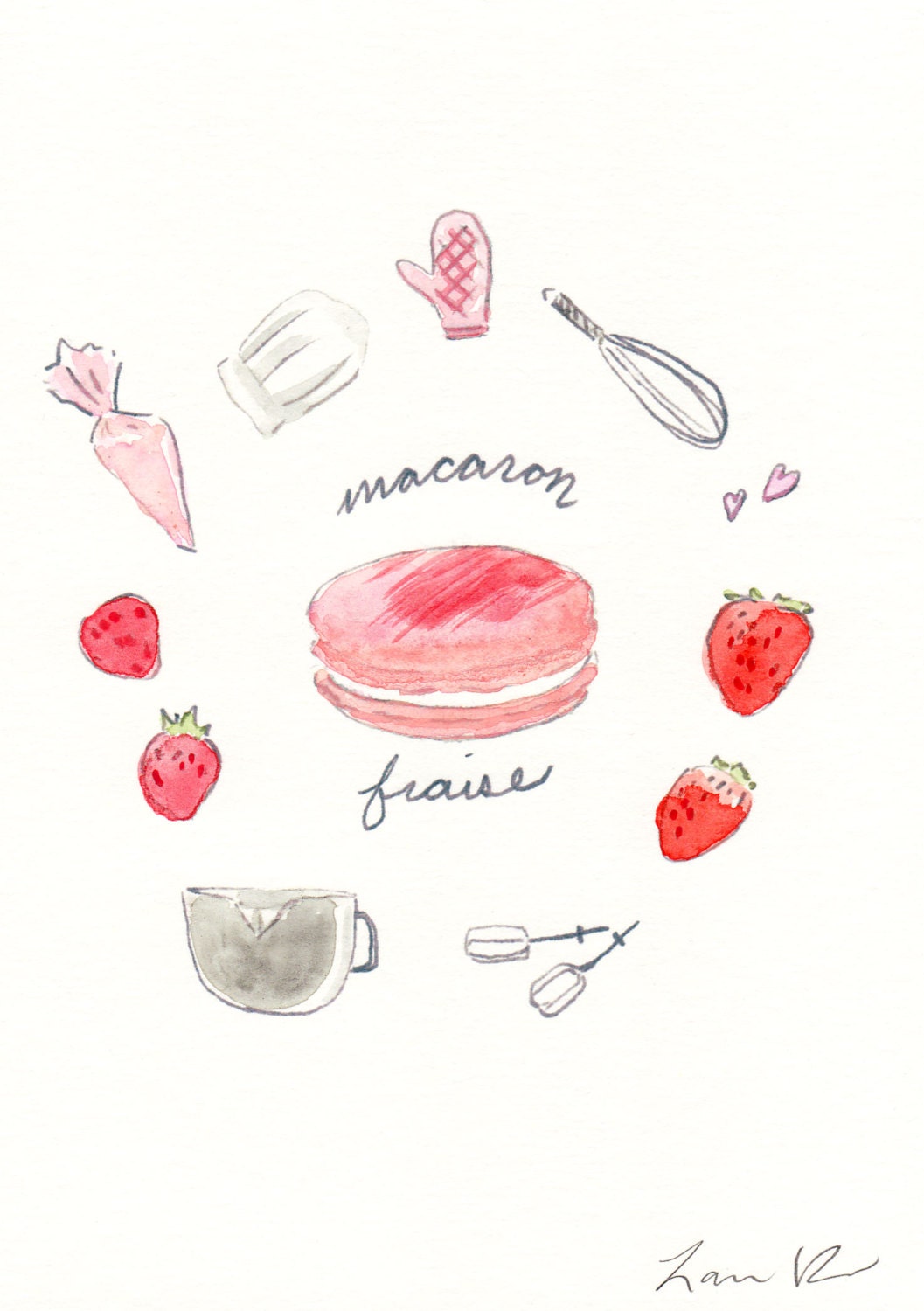 Strawberry Macaron Recipe - Hand-painted Watercolor print 5 x 7 - Paris French Laduree Herme Bakery Kitchen
