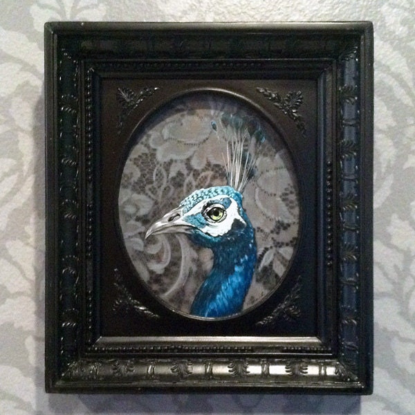 Peacock portrait in antique frame. Original painting.