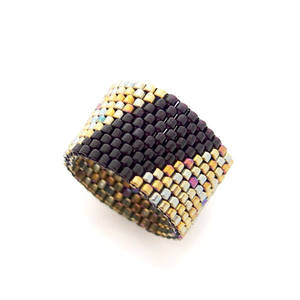 Geometric Gold Ring, Beaded Ring Band, Black Stripe Ring, Ring for Men, Pinkie Men Ring, Pharaoh, Handmade by JeannieRichard