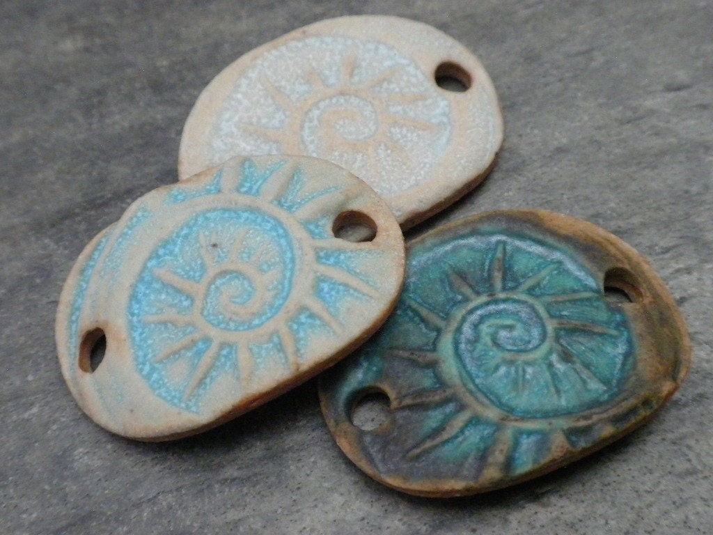 Washed Ashore- handmade rustic ceramic bracelet focal bead in ocean blues 3364