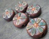 Rustic Bloom Beads- handmade rustic ceramic flower bead  set orange and aqua  3237
