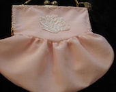 EVENING HANDBAG in  Pink Shantung on Vintage Ed B. Robinson Frame Embellished with Large Kobe Pearls Closure, Rose Applique with Pearls