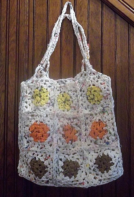 Square plastic bag tote, warm and cool colors, plarn beach bag