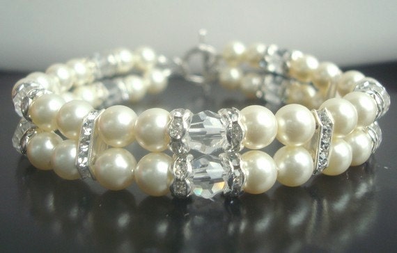 Bridal Jewelry - Wedding Bracelet - Cream Swarovski Pearl & Crystal Double Stranded Bracelet - Customize Your Colors