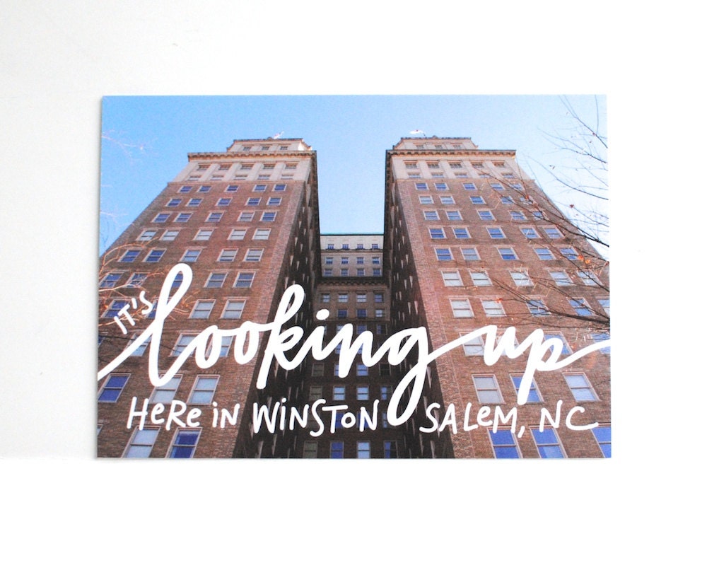 SALE Hand Lettered Postcard, Winston Salem, North Carolina, Nissan Building, City Photography, WSNC, Modern Calligraphy, Single