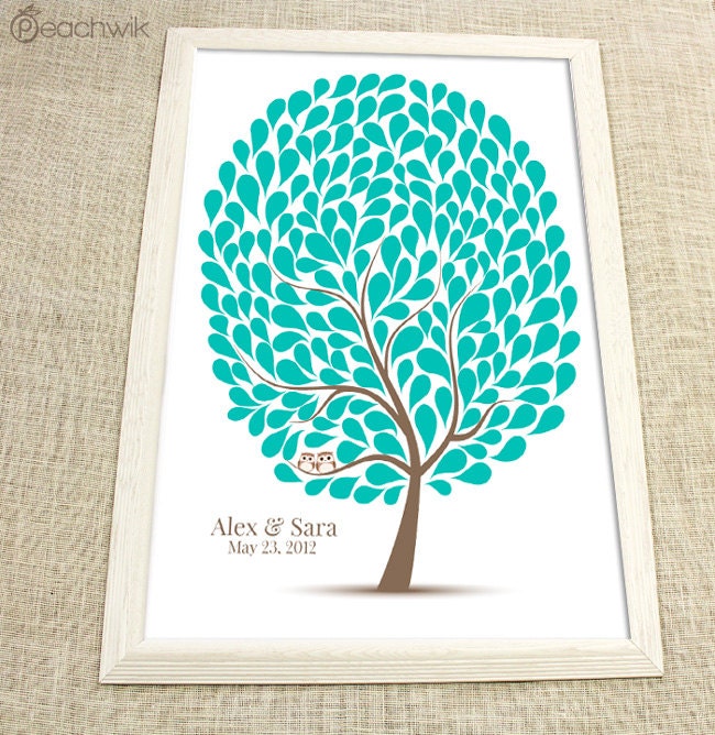 Wedding OWL Guest book Tree Alternative -The Hootwik - A Peachwik Interactive Art Print - 200 guest sign in - Companion Owls in a Tree