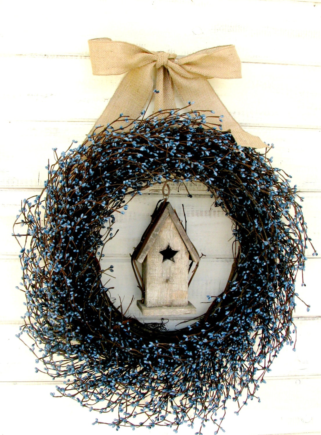 COUNTRY BLUE BIRDHOUSE Wreath-Burlap Wreath-Summer Wreath-Fall Door Wreath-Scented Cinnamon Vanilla-Choose Scent and Ribbon