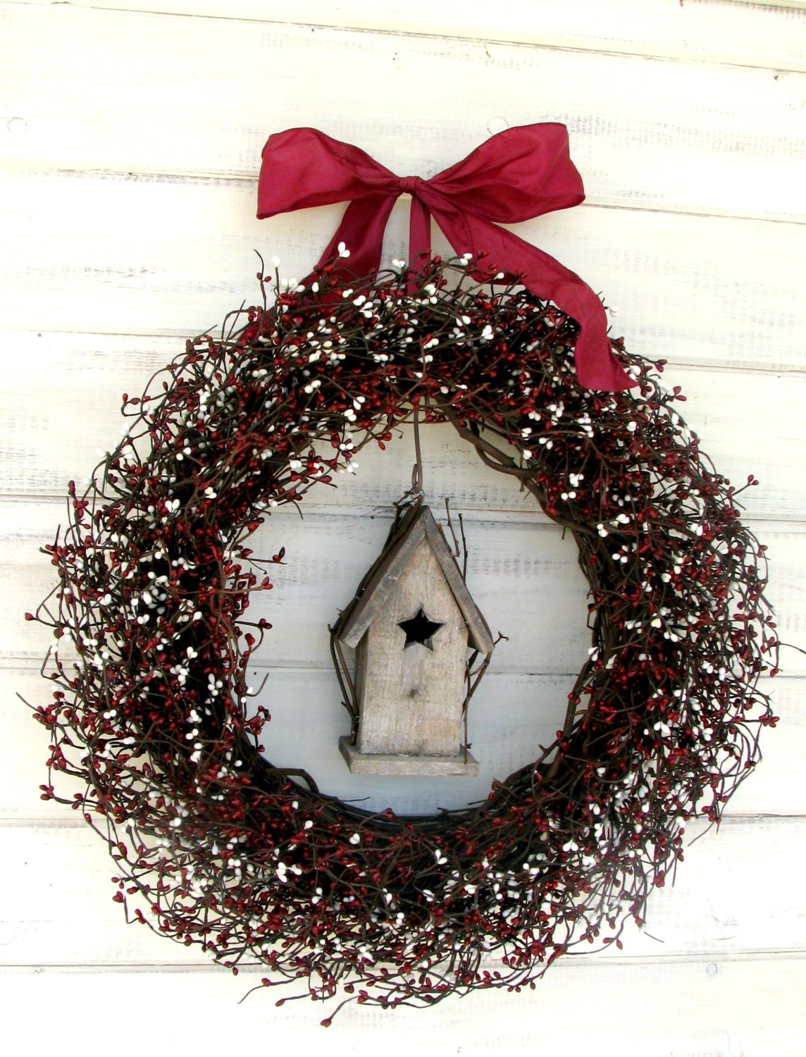 COUNTRY RED  & CREAM Birdhouse Wreath--Summer Wreath-Fall Door Wreath-Country Home Decor-Scented Cinnamon Vanilla-Choose Scent and Ribbon