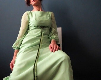 60s French Empire Line Mint Green Chiffon Maxi Dress Small, Union Made, Prom, Wedding