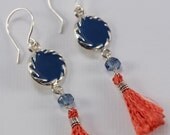 Epoxy Filled Sterling Silver Rope Edge Charm with Tassel Earrings