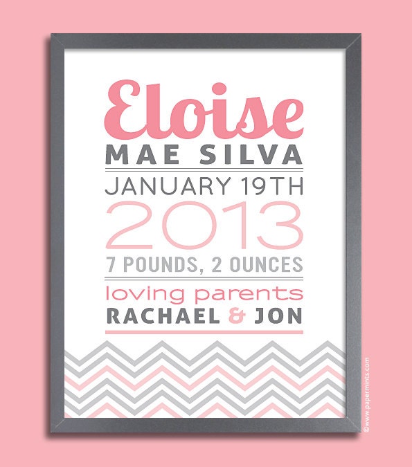Custom Chevron Birth Print 11x14 Nursery Wall Art Print (baby name and birth stats) pink and gray, custom colors