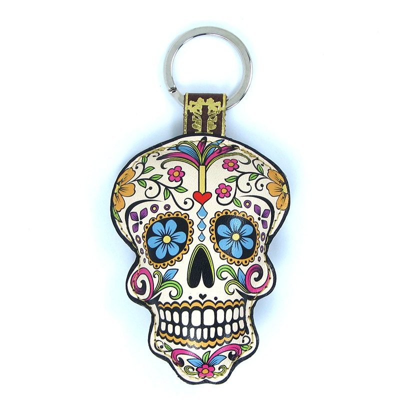 Leather keychain / bag charm - Sugar Skull