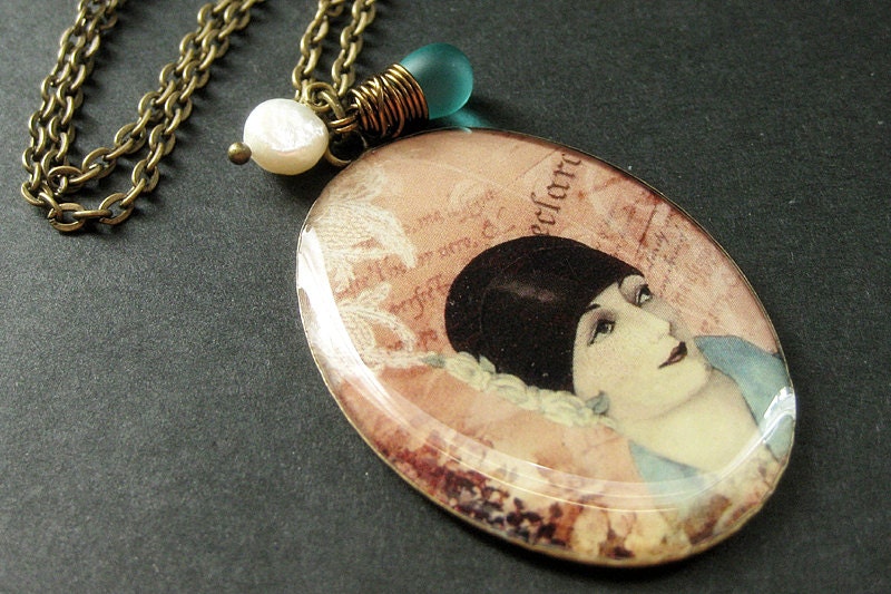 Beautiful Woman Necklace. Vintage Lady Charm Necklace with Teal Teardrop and Pearl. Handmade Jewelry.