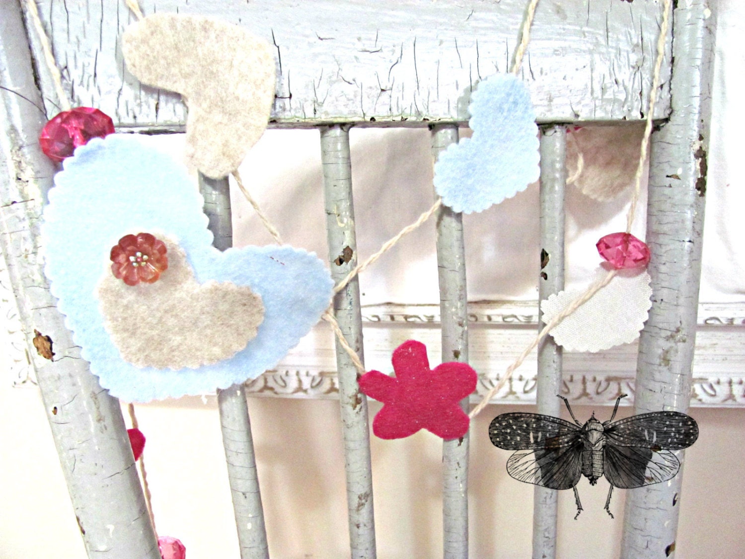 Spring Baby Blue Banner,Easter, Fuschia and Linen Heart Felt Banner,Shabby Chic, For Kids, Children,Home and Cottage Decor, Nursery,