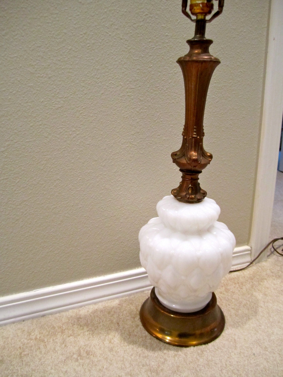 LARGE Milk glass quilted look and metal mix Mid Century hollywood regency Lamp