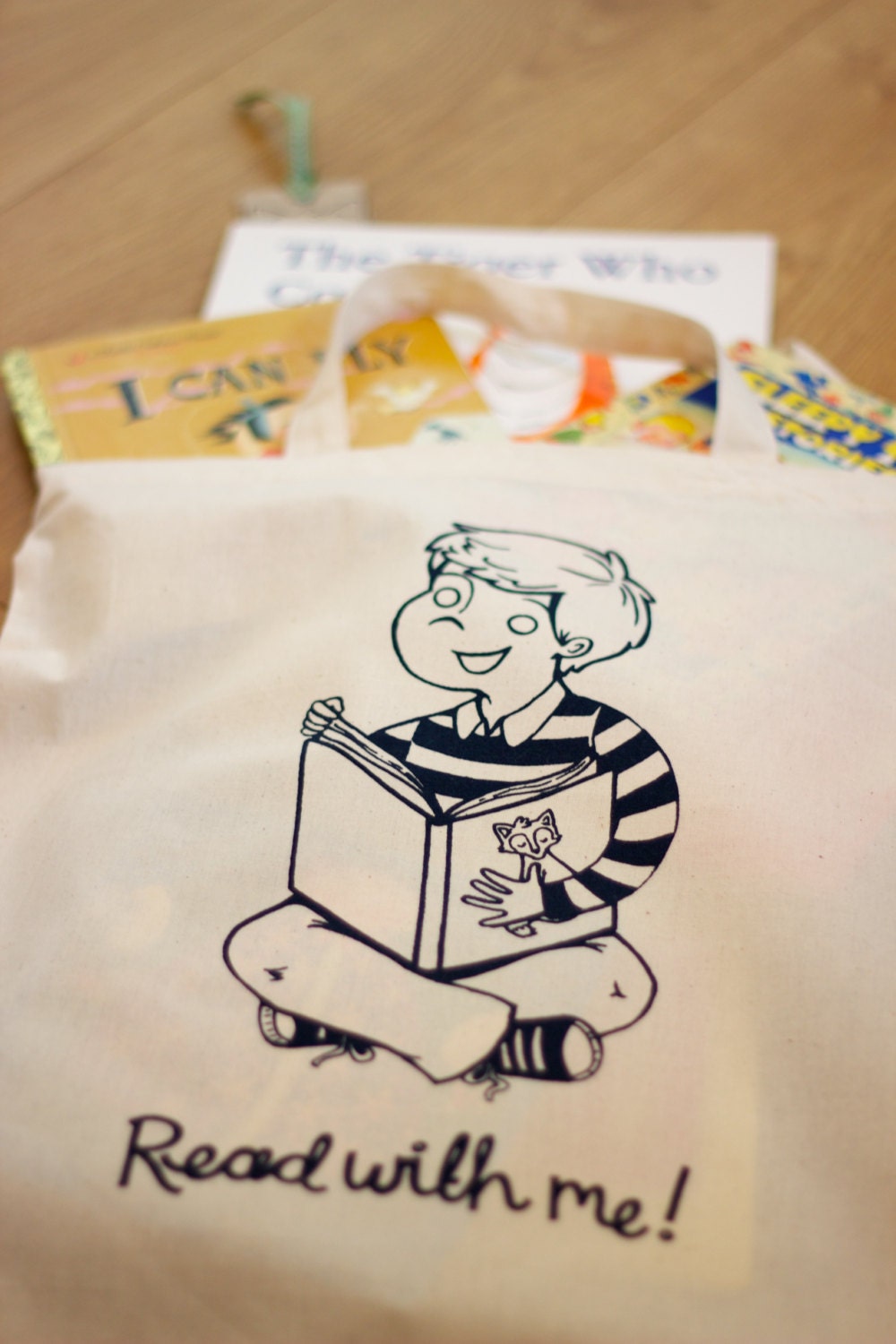 Book Bag for Boys. "Read With Me" Screen printed 100% Cotton Tote bag with matching Fox bookmark.