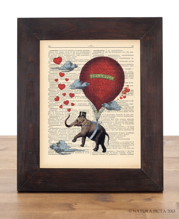 Flying elephant full of love in hot air balloon dictionary print - on Upcycled Vintage Dictionary page - by NATURA PICTA