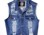 Vintage Marbled DESTROYED Blue Denim STUDDED Vest Jacket  XS S M
