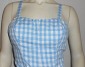 SEXY (Dorothy) Pin Up 1950's Play Suit Romper Swimsuit Sun Suit Baby Blue and White Picnic Pattern