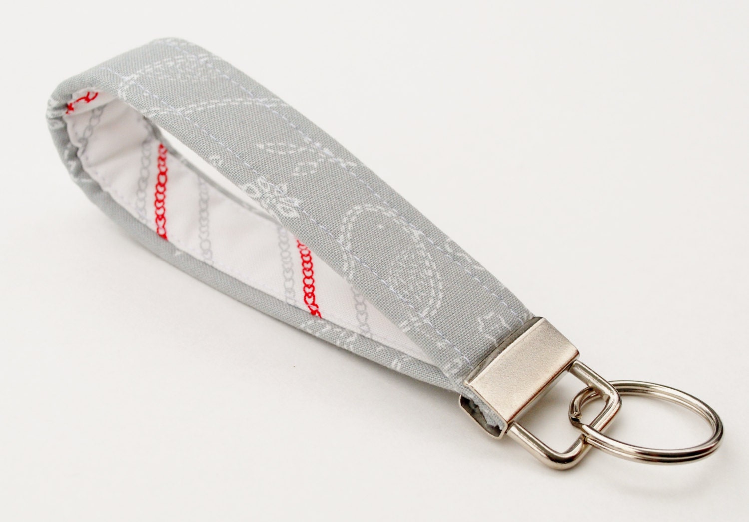 Grey Key Chain, Fabric Key Fob, Key Strap -  Stitchy Birds and Flowers, Grey, Red, and White