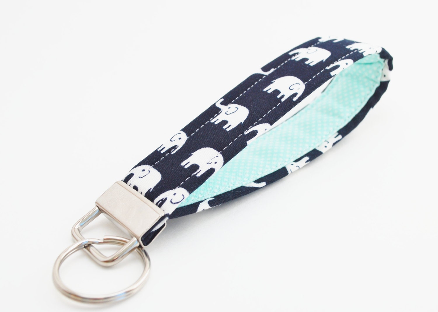 Key Fob, Wristlet Keychain, White Elephants, Black and Mint