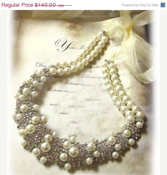 Wedding jewelry , Bridal bib necklace , Modern vintage inspired pearl necklace, rhinestone bridal statement necklace