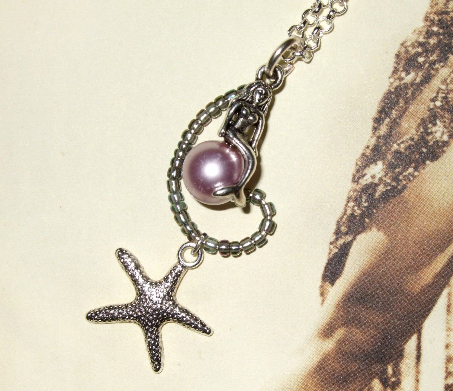 Mermaid Necklace Starfish Lilac Pearl Effect Pendant Nautical Jewelry