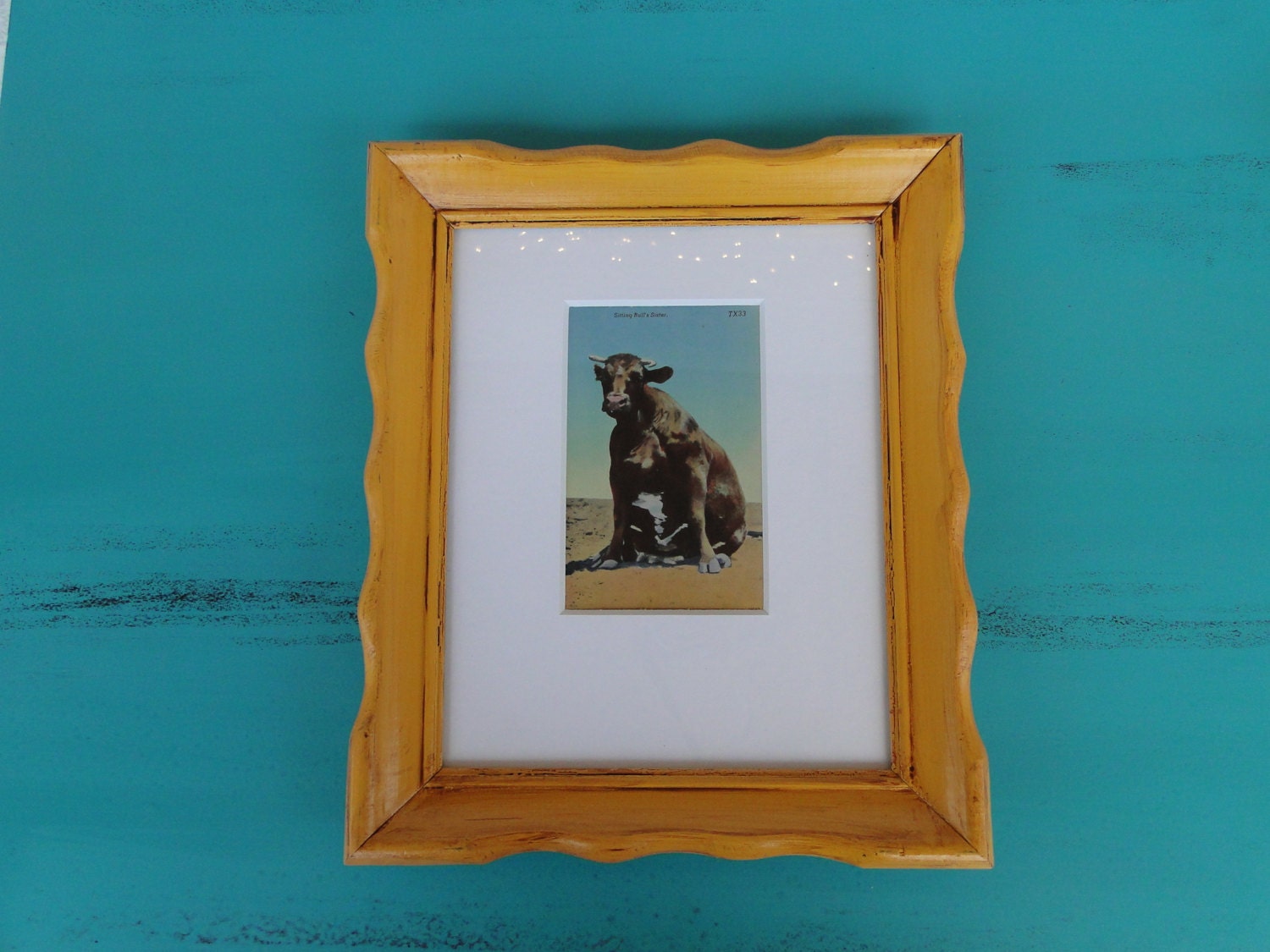 Framed Art Print "Sitting Bull's Sister" Vintage Cow postcard in painted Yellow frame with mat
